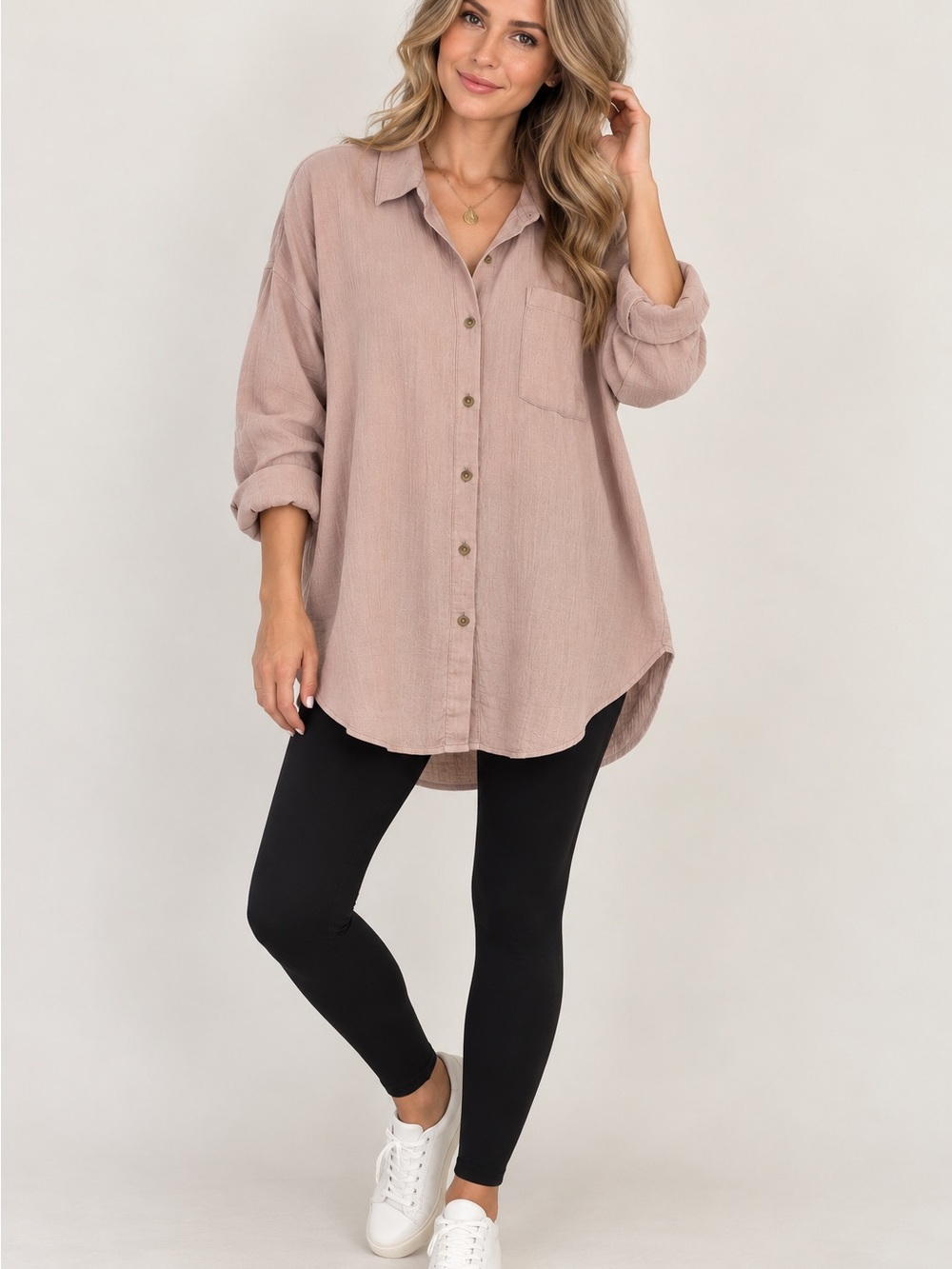 J Jill Relaxed Oversized Button-Front Tunic Shirt - Dusty Taupe Fawn Large